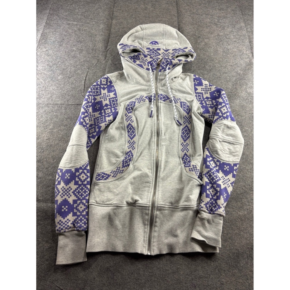 Lululemon Scuba Hoodie Full Zip Purple Fair Isle Snowflake Knit Jacket M? SEE